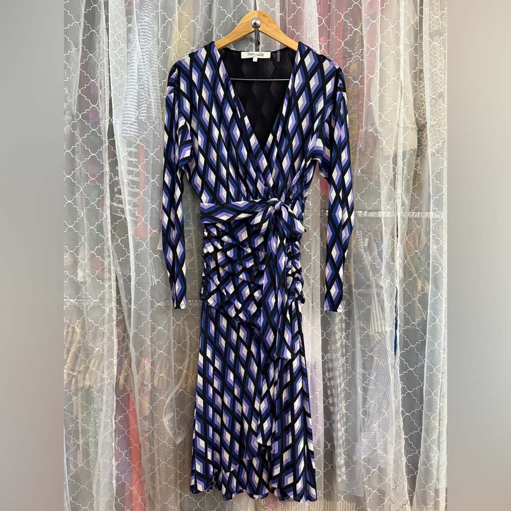 DVF Mesh Print Faux Wrap Dress Large